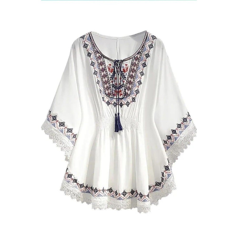 Boho Embroidered Tunic Top Bat Wing Smocked Peasant Top Fringe White Sz L NEW